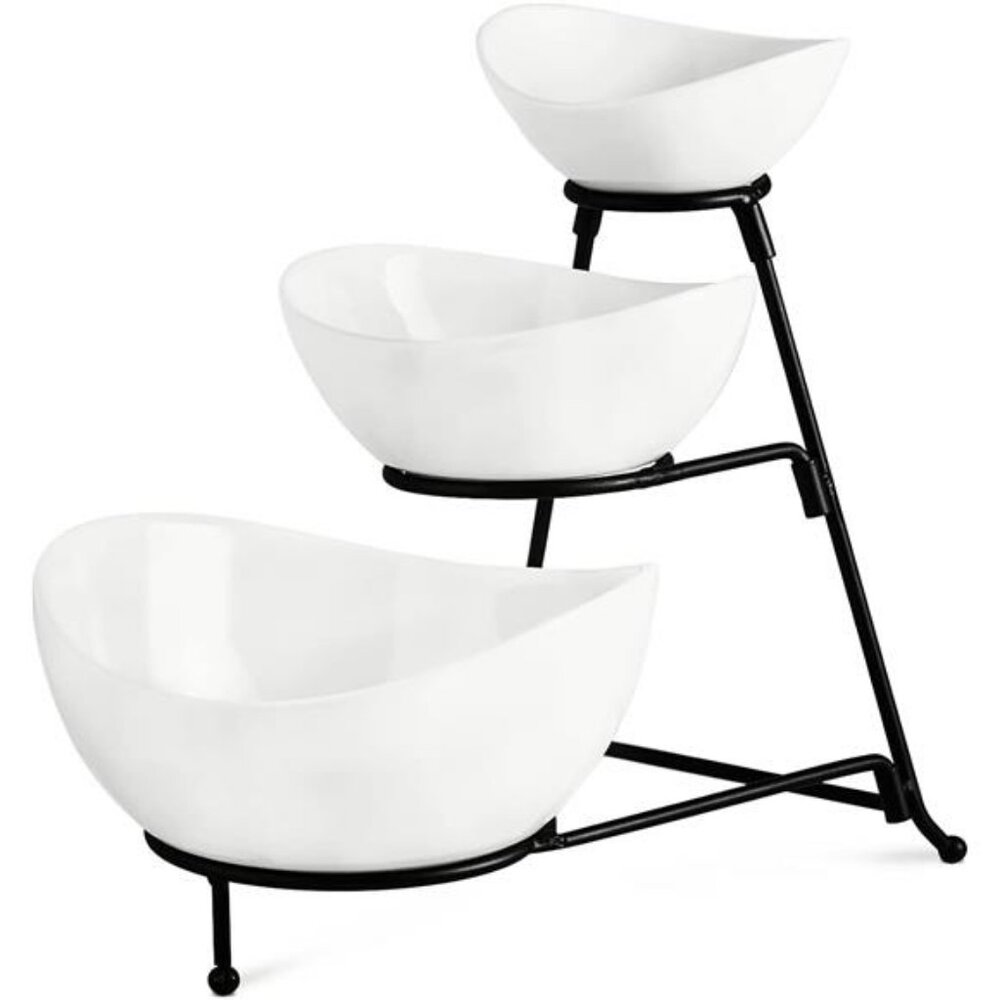 3 Tier Serving Stand with 3 Oval Porcelain Serving Bowl Set with Collapsible